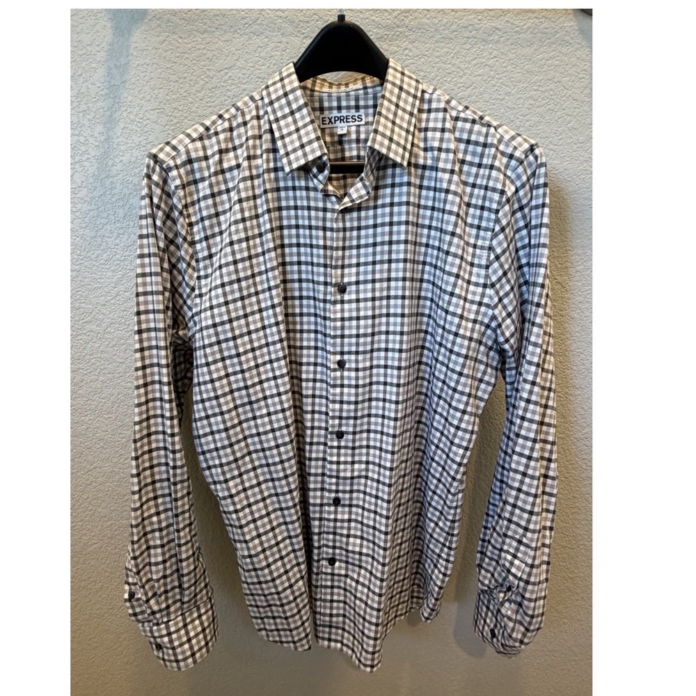 Express Extra Slim Fit Mens XL Gingham Button Down Shirt Grey Black‎ Check